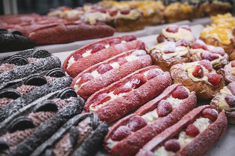Strawberry and chocolate pastry sticks fresh from the oven