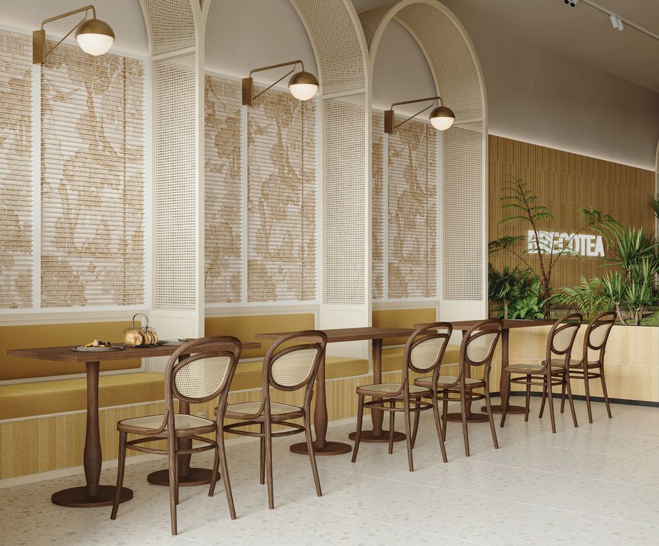 Arched lattice wall with bistro seating