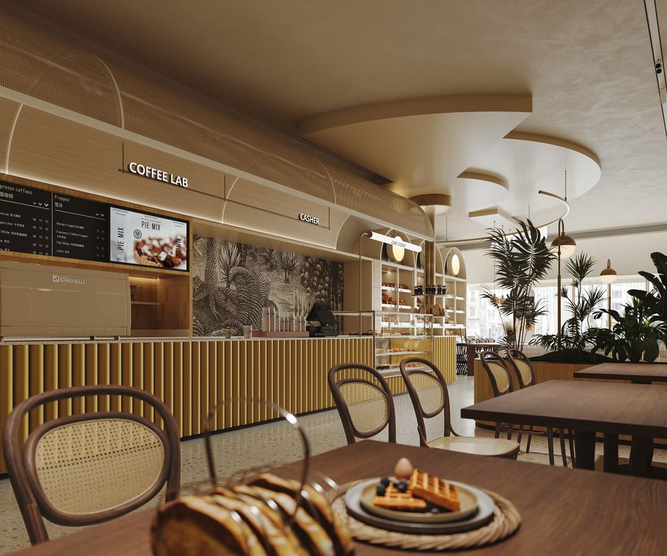 Coffee bar with menu screens and cane bistro chairs